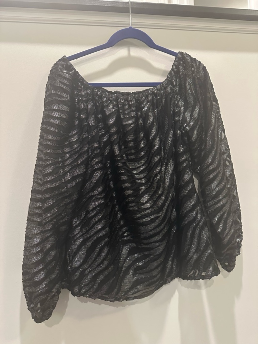 White House Black Market Black Zebra-Texture Off-Shoulder Blouse
